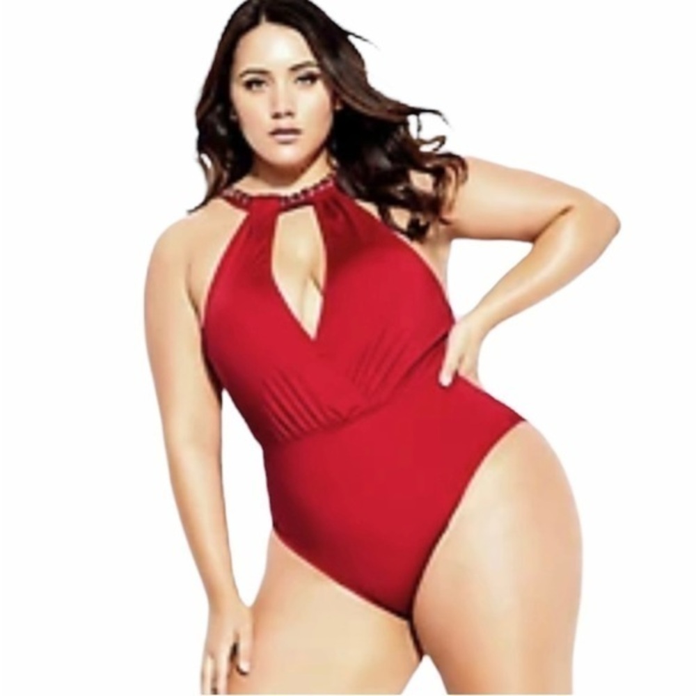 City Chic Paloma Red Swimsuit One Piece Gold Chain Halter Size 20L Glam Chic